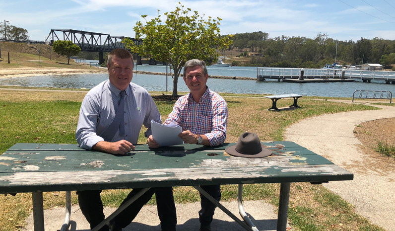 Acting General Manager of Port Stephens Council Mr Greg Kable meeting with the Hon Dr David Gillespie MP at Longworth Park Karuah, to discuss the new funding announcement. 