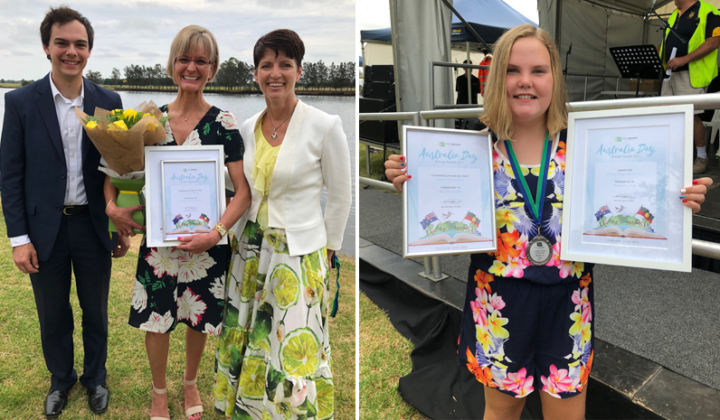 Citizen of the Year Colleen Mulholland-Ruiz with Cr Giacomo Arnott and Kate Washington MP. (left) Young Citizen of the Year Mackenzie Bell. (right)