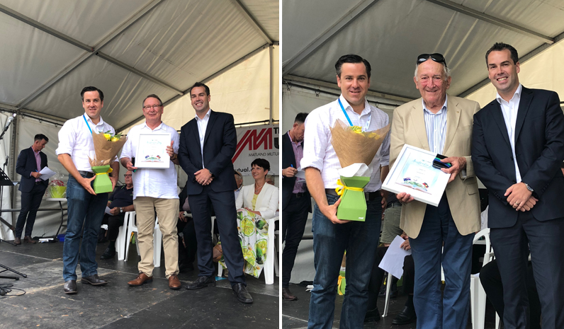 Colleen Mulholland-Ruiz being presented with her award by Mayor Ryan Palmer and Australia Day Ambassador Peter McLean. (left) Port Stephens Medal Winner Peter Clough with Australia Day Ambassador Peter McLean and Mayor Ryan Palmer. (right)