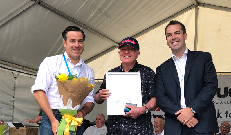 Port Stephens Medal Winner Leon Lindsay with Australia Day Ambassador Peter McLean and Mayor Ryan Palmer.