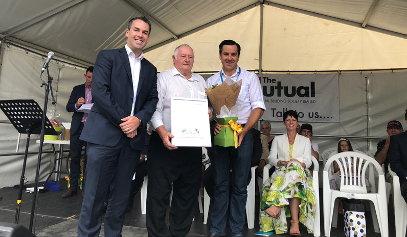 Sportsman of the year, Colin Machon, with Mayor Ryan Palmer and Australia Day Ambassador Peter McLean.