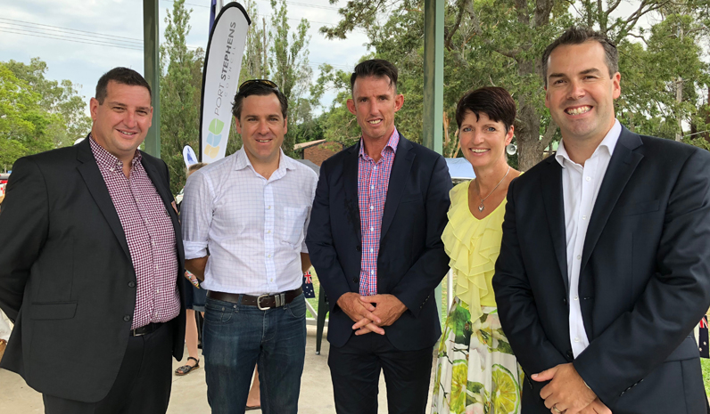 Cr Glen Dunkley, Australia Day Ambassador Peter McLean, Stephen Crowe from Port Stephens Council, Kate Washington MP and Mayor Ryan Palmer.