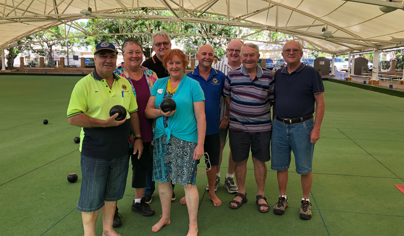 Neil Goldthorpe, Judith Bee, Bob Findley, Glenys Francis, Barry stonham, John Hughes, Dennis Moore and Greg bambach enjoying some barefoot bowls at the Presidents Barbecue.