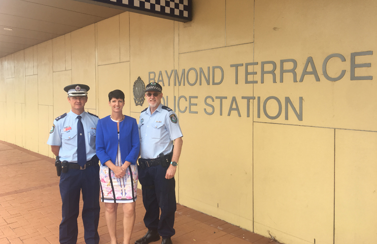 Kate Washington MP with Detective Chief Inspector Steve Laksa (Acting Commander of Port Stephens Local Area Command) and Senior Constable John Simmons (Highway Patrol).