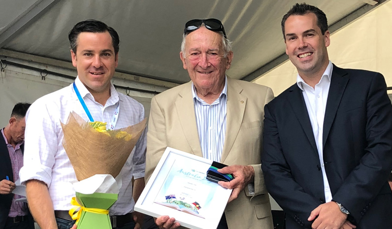 Port Stephens Medal Winner Geoffrey Basser with Australia Day Ambassador Peter McLean and Mayor Ryan Palmer.