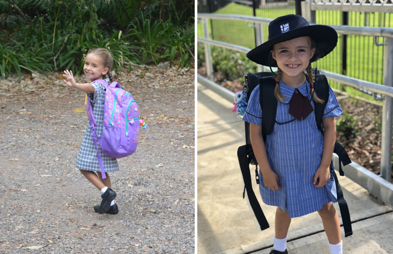 Ella Murphy waving goodbye and heading off to her first day at Medowie Public School. (left) Lucille Collins - Medowie Christian School. (right)