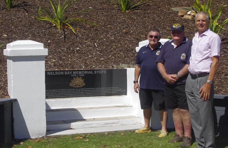 RSL Sub Branch representatives Russell Durrant, Tom Lupton and Councillor John Nell at the Memorial Steps. Photo by Marian Sampson.