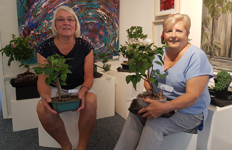Melanie  Delaney & Marilyne Anderson with some of their bonsais.
