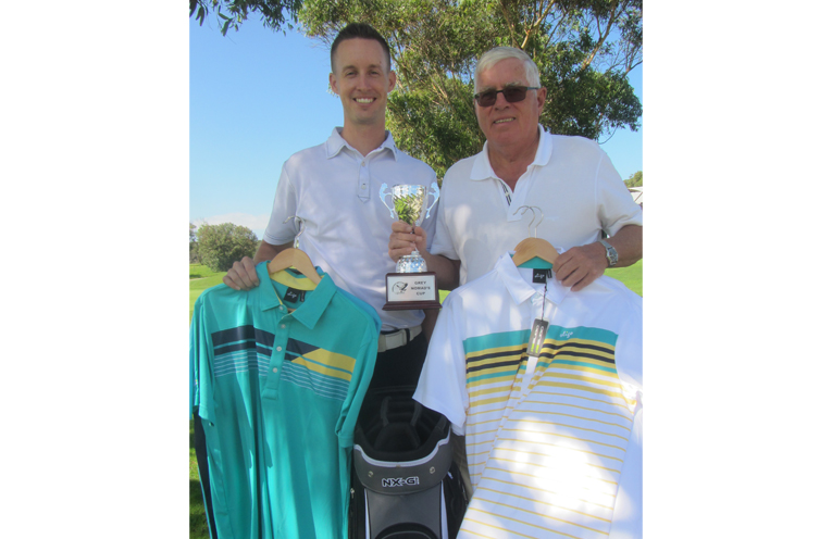 GREY NOMADS CUP: Hawks Nest Golf Pro, Andrew McCormack and David Gilbert.