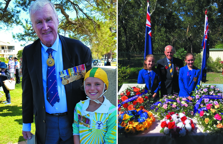 ANZAC DAY: Rear Admiral (retired) Peter Sinclair and Laura Howarth. (left) PETER SINCLAIR GARDENS ANZAC MEMORIAL: Isla Brumby, Barry Whiteman and Natureh Fenton-Holt. (right)