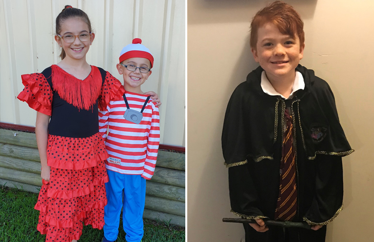 Isabelle Wyatt (Year 3) dressed as a Spanish dancer with her brother Cohen Wyatt (Kindergarten) dressed as Wally.  (left) Oaklan Reed (Year 2) as Ron Weasley. (right)