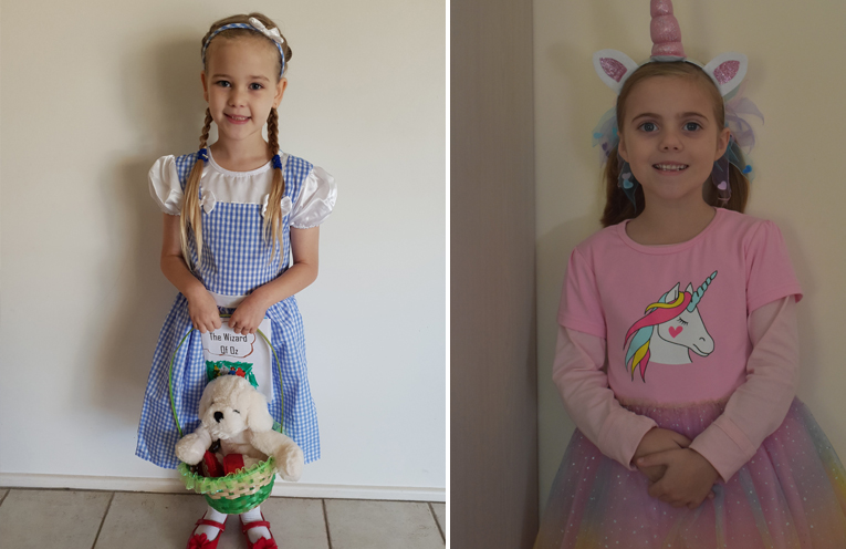 Olivia Storer (Kindergarten) dressed as Dorothy from The Wizard of Oz. (left) Stacey Genge (Year 1) dressed as Pearl from The Magical Unicorn. (right)