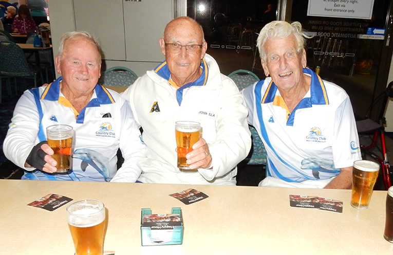 Vic Garlick, John Slater and Tom Parkinson, proving age is no barrier to playing the game they love, after their quarter-final win in the Club Triples Championship.