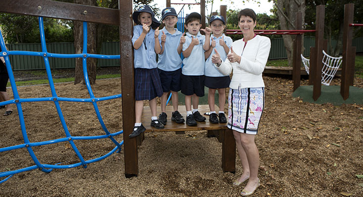 Kate Washington with Anna Bay PS students on the new equipment partly funded by a Community Building Partnerships Grant.