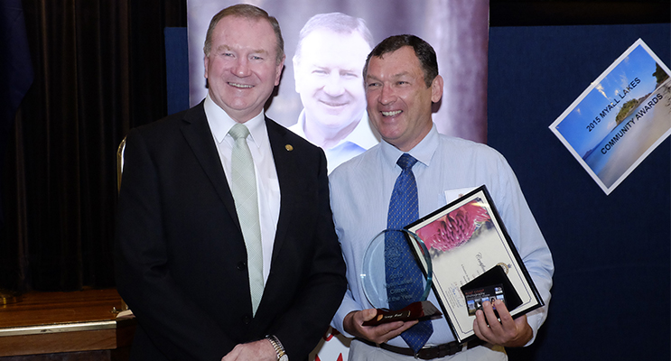 Member for Myall Lakes Stephen Bromhead with 2015 Myall Lakes Citizen of the Year George Hoad.  