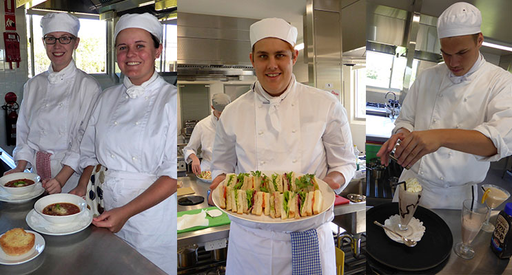 SHARED STORIES: BCS Hospitality students Kaitlyn Gregory and Chelsea Reid.(left) BCS Hospitality student Jordan Gregory.(center)Allyn Buck shares his catering skills during Education Week Open Day.(right)