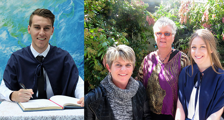 SIGN OUT: Dylan Tooze signs the Graduation Book.( left) Year 12 student Shannelle Russell, her mother Fiona and teacher Mrs Sue Cross.(right)