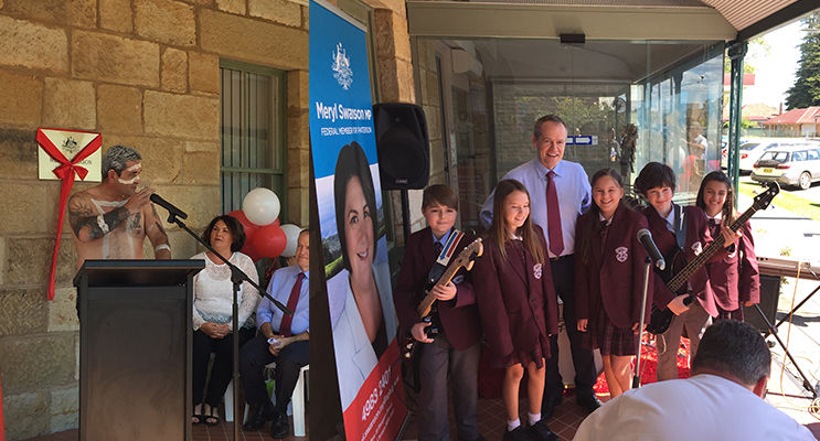Justin Ridgeway and his welcome to country (left) Bill Shorten with performers from St.Paul’s Primary School, Rutherford (right)