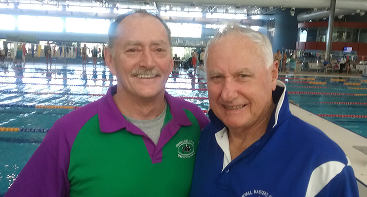 Chris Lock congratulated on his age division win by , Stuart Ellicott , President of the newest Masters swimming Club, North Shore Masters