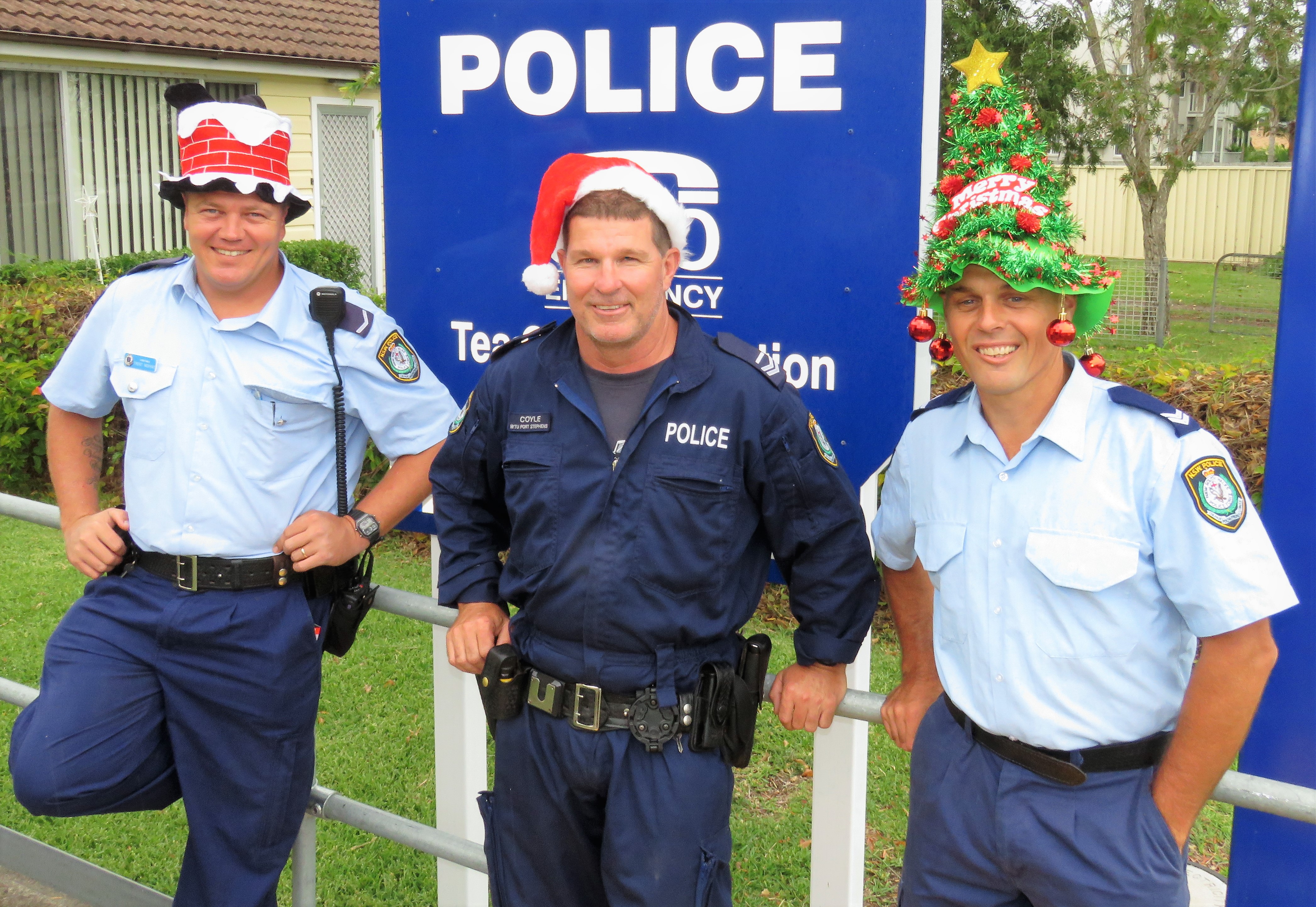 Karuah Police Constable Trent Moffat and Tea Gardens Senior Constables David Coyle and Rob Wylie wish the Myall Coast community a very Merry Christmas.