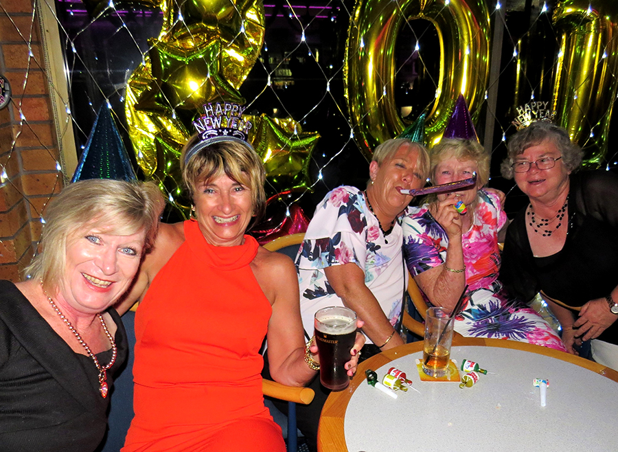 HAPPY NEW YEAR: Sheree Robards, Lexie Gregory, Sue Malone, Jan Ede and Maxine Gooch at Bulahdelah Bowling Club.