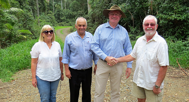 : Wootton Community Network (WCN) member Pat Tate, MidCoast Council representative Len Roberts, Myall Lakes MP Stephen Bromhead and WCN President Jim O’Connor celebrate at Stoney Creek Road.