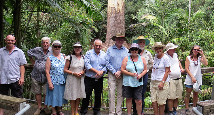 : Myall Lakes MP Stephen Bromhead and MidCoast Council representative Len Roberts with community members at The Grandis viewing platform.  