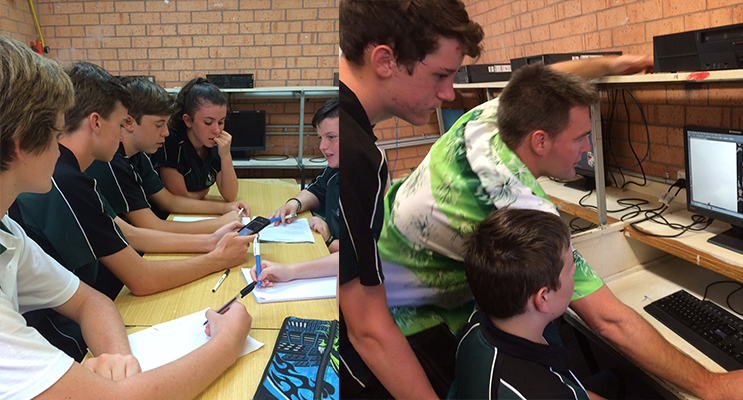 : iSTEM students working together on a group activity. (left) Mr Graham instructing the students on a program.( right)