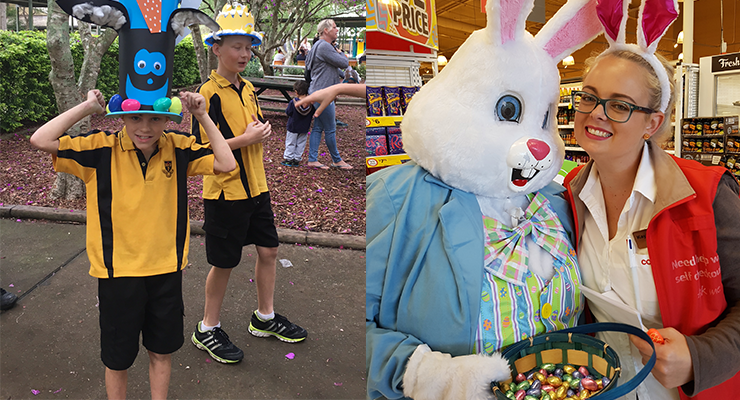 Conner hams it up for the Easter parade. (left) Kayla from Coles catches up with Mr E. Bunny. (right)