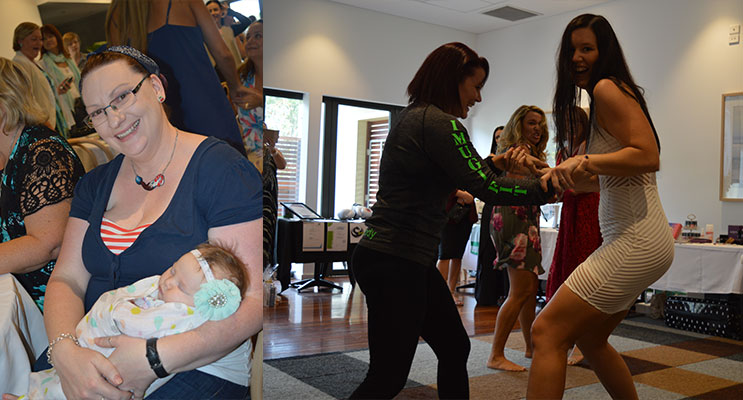 The youngest attendee, Eleanor Malone, with her mother, Rachel Malone.(left) Kelly O’Brien shows people how to get fit(right)