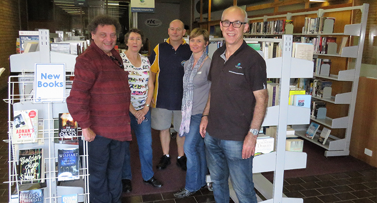 Chamber President John Sahyoun, retired Library Coordinator Loraine Farrell, MidCoast Council Library, IT and Systems Coordinator Peter Flemming, RTC Customer Service Officer Kim Kent and MidCoast Library Services Manager Chris Jones.   
