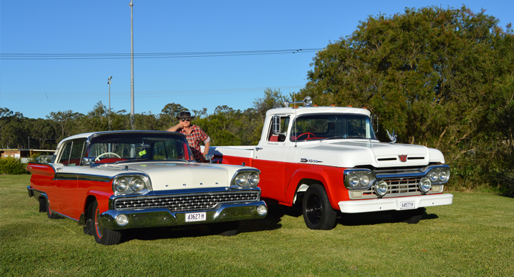 Mr Brian Knox with two of this restored vehicles, a 1959 Ford Fairlane and a 1960 Ford F100 Fairlane Galaxy pick-up truck.