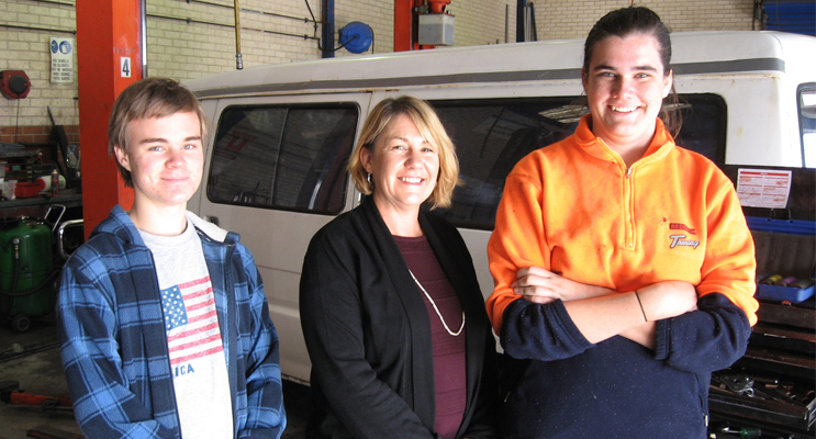 Toby White and Olivia McDonald with Cathy Murray: young people eager to learn a trade.