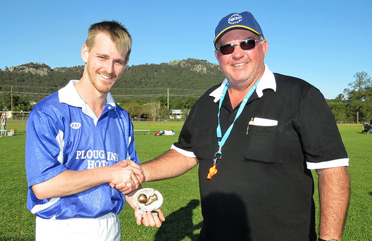 Player of the Match: Nathan Hanley receives his award from Bulahdelah Soccer Club Secretary, Steve Locke. 