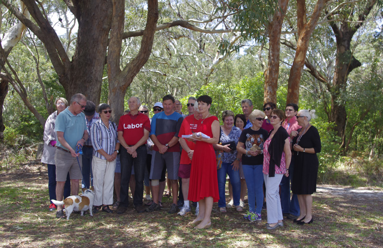 Member for Port Stephens Kate Washington with members of WetCon and the community at the launch of the petition which will be presented to State Parliament. Photo by Marian Sampson.
