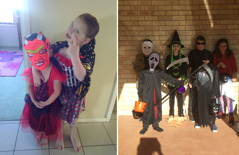 Emma and Ashlee hamming it up for the camera on Halloween. (left) Taylor and Callen Guile enjoyed having their friends over for Halloween. (right)