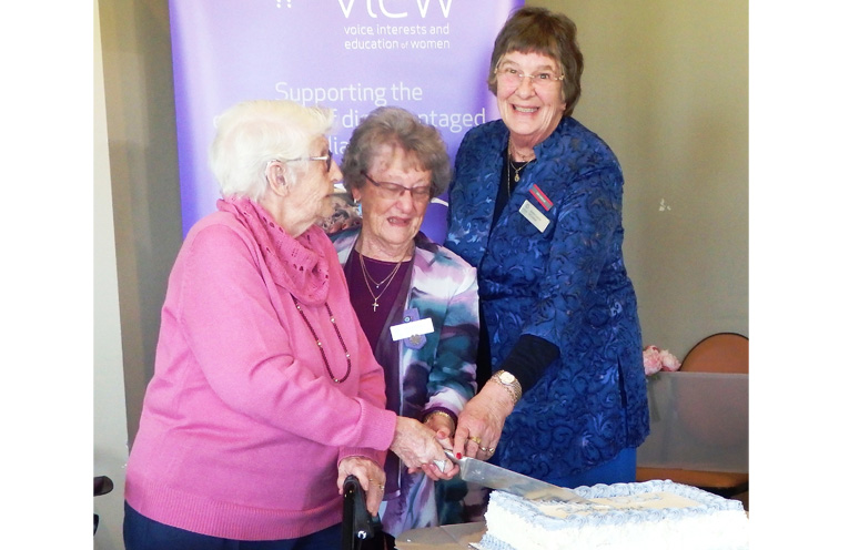 Inaugural President Mavis,Mordue Inaugural Member Wilma Neill and Zone Councillor (2016) Anne-Louise O'Connor cutting VIEW Club’s 53rd Birthday cake.